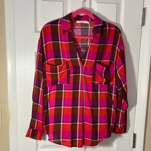 LUSH long sleeve plaid popover bright fuchsia pink stripes pockets point collarM